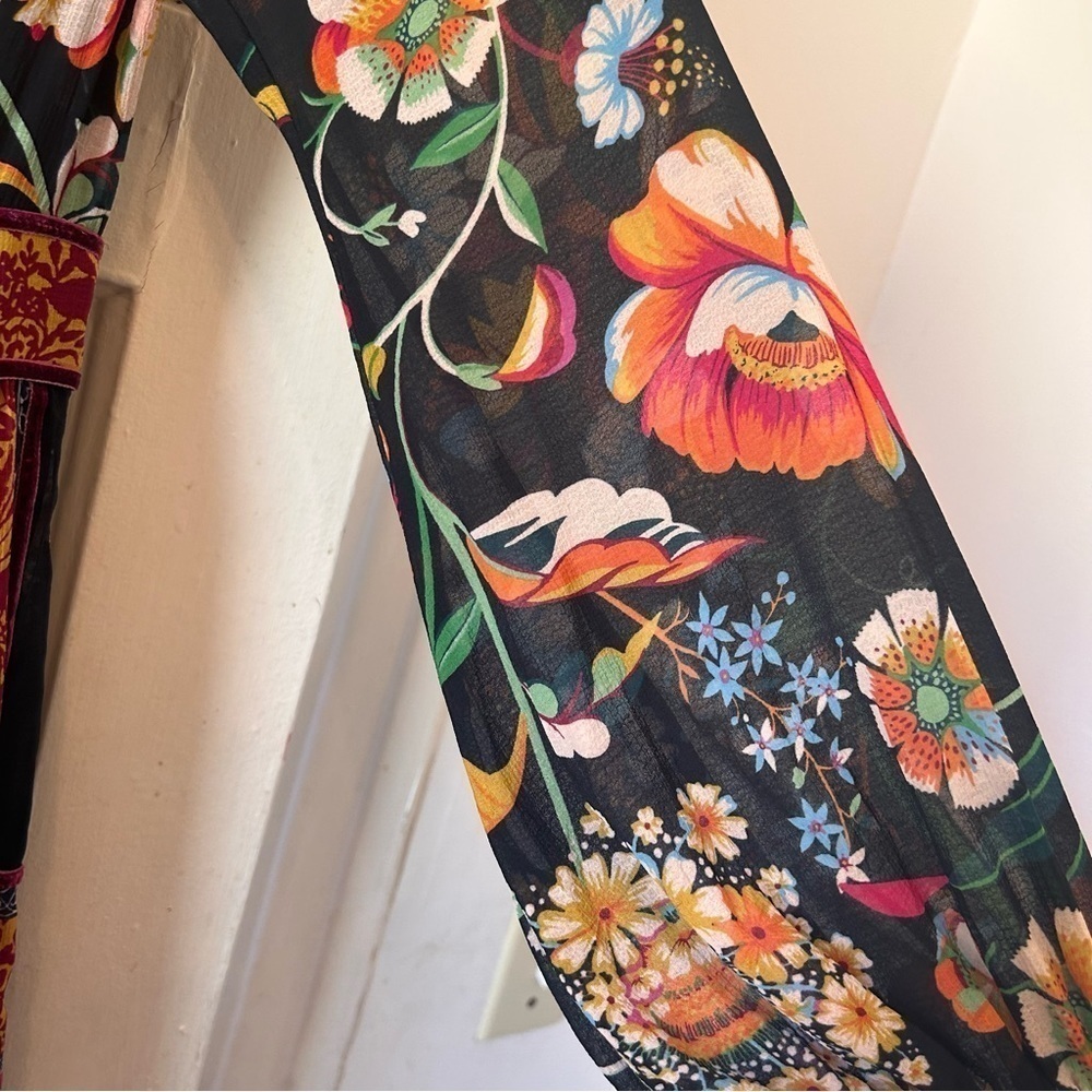 NEW Anthropologie Black Motif Boho Floral Velvet Trim Midi Dress Sz OUS Lined - Picture 9 of 14